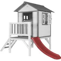 Axi Speelhuis Beach Lodge XL Wit met rode Glijbaan | Speelhuis op palen met veranda gemaakt van FSC hout | Klein speeltoestel voor de tuin