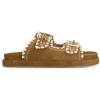 Manfield Suède cognac slippers met gesp | Maat 39