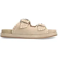 Manfield Beige suède slippers met witte details | Maat 39