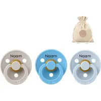 BIBS 3 spenen met naam rond maat 2: mushroom, breeze en Baby Blue + BolleToet speenzakje - fopspenen