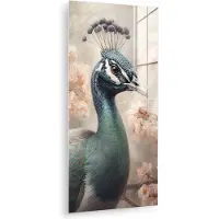 MuchoWow Glasschilderij 20x40 cm - Schilderij acrylglas - Pauw - Vogels - Bloemen - Boom - Botanisch - Foto op glas - Muurdecoratie woonkamer - Wanddecoratie slaapkamer - Schilderijen