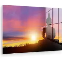 MuchoWow Glasschilderij - Buddha beeld - Silhouette - Zonsondergang - Spiritueel - Schilderijen woonkamer - Foto op glas - Acrylglas - 150x100 cm - Wanddecoratie - Schilderij glas