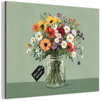 MuchoWow Aluminium schilderij 160x120 cm - Wanddecoratie metaal - Bloemen - Vaas - Kaartje - Metalen muurdecoratie woonkamer - Decoratie industrieel - Foto op dibond - Industriële accessoires slaapkamer