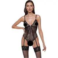 Cottelli - open body met jarretelles en kant - zwart - L