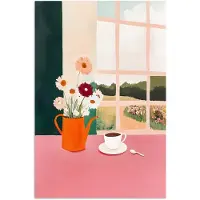 PosterMonkey Poster 80x120 cm - Bloemen - Koffie - Raam - Posters - Kamer decoratie - Wanddecoratie woonkamer - Muurdecoratie slaapkamer