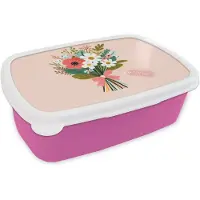 MuchoWow Broodtrommel Roze - Lunchbox Boeket - Strikje - Kaartje - Quote - Brooddoos 18x12x6 cm - Brood lunch box - Broodtrommels voor kinderen en volwassenen