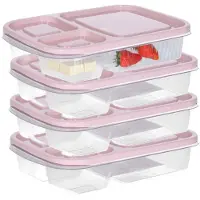 Storage solutions Vershoudbakje/lunchbox - 4x - luchtdicht - 3 vakjes - lichtroze - kunststof - broodtrommel