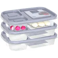 Storage solutions Vershoudbakje/lunchbox - 3x - luchtdicht - 3 vakjes - lichtgrijs - kunststof - broodtrommel