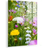 MuchoWow Glasschilderij 120x160 cm - Schilderij acrylglas - Bloemen - Natuur - Groen - Gras - Paars - Wit - Foto op glas - Muurdecoratie woonkamer - Wanddecoratie slaapkamer - Schilderijen