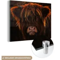 MuchoWow Glasschilderij 160x120 cm - Schilderij acrylglas - Schotse Hooglander - Koe - Zwart - Portret - Foto op glas - Muurdecoratie woonkamer - Wanddecoratie slaapkamer - Schilderijen