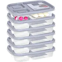 Storage solutions Vershoudbakje/lunchbox - 6x - luchtdicht - 3 vakjes - lichtgrijs - kunststof - broodtrommel