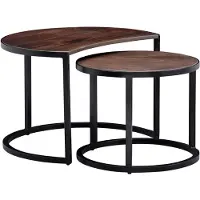Wohnling salontafel set van 2 Mango massief houten / metalen salontafel rond | Industriële bijzettafel met metalen poten zwart | 2-delige placemat bijzettafel van hout