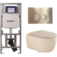 Geberit QeramiQ Dely Swirl Toiletset - 36.3x51.7cm - UP320 inbouwreservoir - met Burda frame -slim zitting - geborsteld messing bedieningsplaat - ronde knoppen - beige