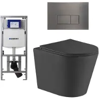Geberit QeramiQ Dely Toiletset - 36.3x51.7cm - diepspoel - rimless - UP320 inbouwreservoir - met Burda frame - softclose toiletzitting - gunmetal bedieningsplaat - rechtehoekige knoppen - zwart mat