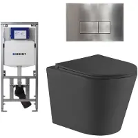 Geberit QeramiQ Dely Toiletset - 36.3x51.7cm - diepspoel - rimless - UP320 inbouwreservoir - met Burda frame - softclose toiletzitting - steel bedieningsplaat - rechtehoekige knoppen - zwart mat