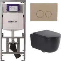 Geberit QeramiQ Dely Swirl Toiletset - 36.3x51.7cm - UP320 inbouwreservoir - met Burda frame - slim zitting - bedieningsplaat taupe - ronde knoppen - mat zwart 0701131/SW1102378/SW1000768/SW1026258