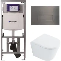 Geberit QeramiQ Dely Toiletset - 36.3x51.7cm - diepspoel - rimless - UP320 inbouwreservoir - met Burda frame - softclose toilet zitting - 35mm - gunmetal bedieningsplaat - rechthoekige knoppen - glans