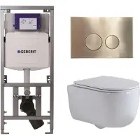 Geberit QeramiQ Dely Swirl Toiletset - 36.3x51.7cm - diepspoel - rimless - UP320 inbouwreservoir - met Burda frame -slim zitting - geborsteld messing bedieningsplaat - ronde knoppen - wit mat