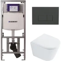 Geberit QeramiQ Dely Toiletset - 36.3x51.7cm - diepspoel - rimless - UP320 inbouwreservoir - met Burda frame - softclose toilet zitting 35 mm - bedieningsplaat antraciet mat - rechthoekige knoppen -