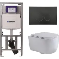 Geberit QeramiQ Dely Swirl Toiletset - 36.3x51.7cm - UP320 inbouwreservoir - met Burda frame - slim zitting - mat zwarte bedieningsplaat - ronde knoppen - wit mat 0701131/SW706188/SW1000766/SW1026257