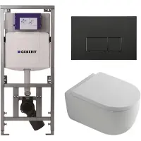 Geberit QeramiQ Dely Swirl Toiletset - 36.3x51.7cm - UP320 inbouwreservoir - met Burda frame - 35mm zitting - mat zwarte bedieningsplaat - rechthoekige knoppen - wit glans