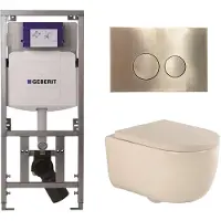 Geberit QeramiQ Dely Swirl Toiletset - 36.3x51.7cm - UP320 inbouwreservoir - met Burda frame - 35mm zitting - geborsteld messing bedieningsplaat - ronde knoppen - beige