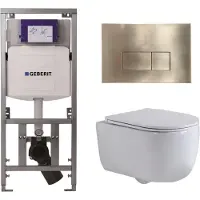 Geberit QeramiQ Dely Swirl Toiletset - 36.3x51.7cm - UP320 inbouwreservoir - met Burda frame - slim zitting - geborsteld messing bedieningsplaat - rechthoekige knoppen - wit glans