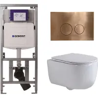 Geberit QeramiQ Dely Swirl Toiletset - 36.3x51.7cm - UP320 inbouwreservoir - met Burda frame - slim zitting - koperen bedieningsplaat - ronde knoppen - wit glans 0701131/SW706196/SW1000766/SW106256