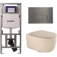 Geberit QeramiQ Dely Swirl Toiletset - 36.3x51.7cm - UP320 inbouwreservoir - met Burda frame - slim zitting - gunmetal bedieningsplaat - rechthoekige knoppen - mat beige