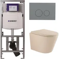 Geberit QeramiQ Dely Swirl Toiletset - 36.3x51.7cm - UP320 inbouwreservoir - met Burda frame - 35mm zitting - bedieningsplaat licht grijs - ronde knoppen - beige 0701131/SW1102374/SW1000771/SW1026259