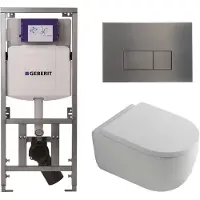 Geberit QeramiQ Dely Swirl Toiletset - 36.3x51.7cm - diepspoel - rimless - UP320 inbouwreservoir - met Burda frame - 35mm zitting - gunmetal bedieningsplaat - rechtehoekige knoppen - wit mat