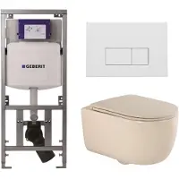 Geberit QeramiQ Dely Swirl Toiletset - 36.3x51.7cm - UP320 inbouwreservoir - met Burda frame - slim zitting - mat witte metalen bedieningsplaat - rechthoekige knoppen - mat beige