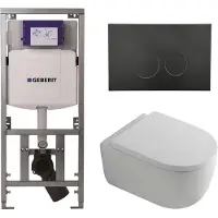 Geberit QeramiQ Dely Swirl Toiletset - 36.3x51.7cm - UP320 inbouwreservoir - met Burda frame - 35mm zitting - mat zwarte bedieningsplaat - ronde knoppen - wit glans