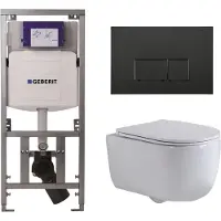Geberit QeramiQ Dely Swirl Toiletset - 36.3x51.7cm - Geberit UP320 Burda inbouwreservoir - slim zitting - mat zwarte bedieningsplaat - rechthoekige knoppen - wit glans SW1000766/Sw1026256/0701131/SW706189