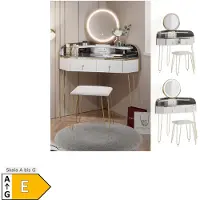 Vicco Amira Hoek kaptafel – 99 cm met LED-spiegel, kruk en USB Wit Hoogglans