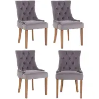 CLP Set van 4 eetkamerstoelen Aberdeen, fluweel, antiek design met frame van rubberhout, grijs. Framekleur: antiek, licht