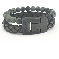 Josh Heren Leren Armband met Natuursteen Groen | 24981-BRA