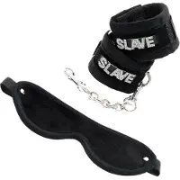 Rimba - Soft Bondage Set blinddoek En handboeien SLAVE - Zwart
