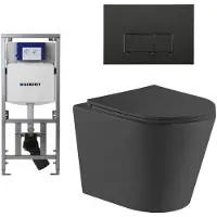 Geberit QeramiQ Dely Toiletset - 36.3x51.7cm - diepspoel - rimless - Geberit UP320 Burda inbouwreservoir - softclose toiletzitting - mat zwarte bedieningsplaat - rechtehoekige knoppen - zwart mat