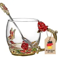 Intirilife vlinder theekopje bloemkopje koffiekopje in goud - rood - paars - 330 ml - gemaakt van hittebestendig glas