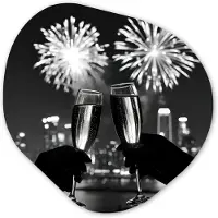MuchoWow Organische wanddecoratie 90x90 cm - Organisch schilderij Vuurwerk - Proosten - Skyline - Champagne - Muurdecoratie woonkamer - Kamer decoratie - Schilderijen - Muurcirkel aesthetic