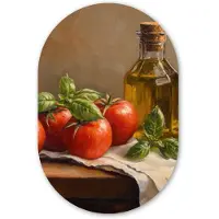 MuchoWow Muurovaal 60x90 cm - Ovale wanddecoratie Tomaten - Olijfolie - Stilleven - Ovalen schilderij - Muurdecoratie woonkamer - Kamer decoratie - Schilderijen - Wandcirkel