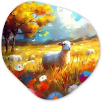 MuchoWow Organische wanddecoratie 60x60 cm - Organisch schilderij Schaap - Weide - Bloemen - Muurdecoratie woonkamer - Kamer decoratie - Schilderijen - Muurcirkel aesthetic