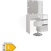Vicco Kaptafel Sherry, Wit, 90 cm met spiegel, LED-lichtslinger en kruk