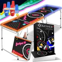 Kesser Beerpong-Tafel / Beerpong - Set met Kaartspel Drinkspel - incl. 100 Bekers (50 Rood & 50 Blauw), 6 Ballen + Regelboek Party Games Tafel In Hoogte Verstelbaar Opvouwbaar - Klassiek - met LED