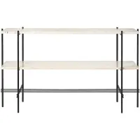 Gubi TS Console bijzettafel 120x30x72 cm natural white travertine, zwart onderstel, 2 marmeren planken