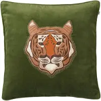 Chhatwal & Jonsson Kussenhoes met geborduurde tijger, 50x50 cm Cactusgroen