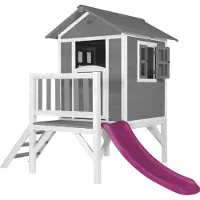 Axi Speelhuis Beach Lodge XL Grijs met paarse Glijbaan | Speelhuis op palen met veranda gemaakt van hout | Klein speeltoestel voor de tuin
