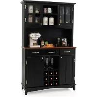 Costway Keukenkast, keukenbuffet met 3 laden, wijnrek, open planken en werkblad, buffetkast, hoge kast met verstelbare planken, 112 x 43 x 184,5 cm, zwart