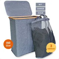 Goliving Wassorteerder 3 Vakken - 150L - Opvouwbare Wasmand Met Deksel - 3 Uitneembare Zakken Met Kleurlabels - 57 x 37 x 66 cm - Grijs